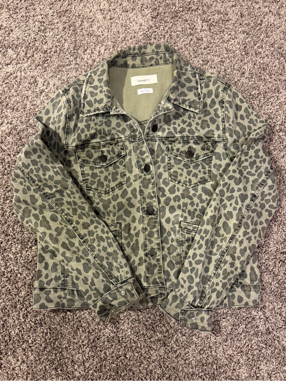 Level 99 Green Leopard Print Jean Jacket